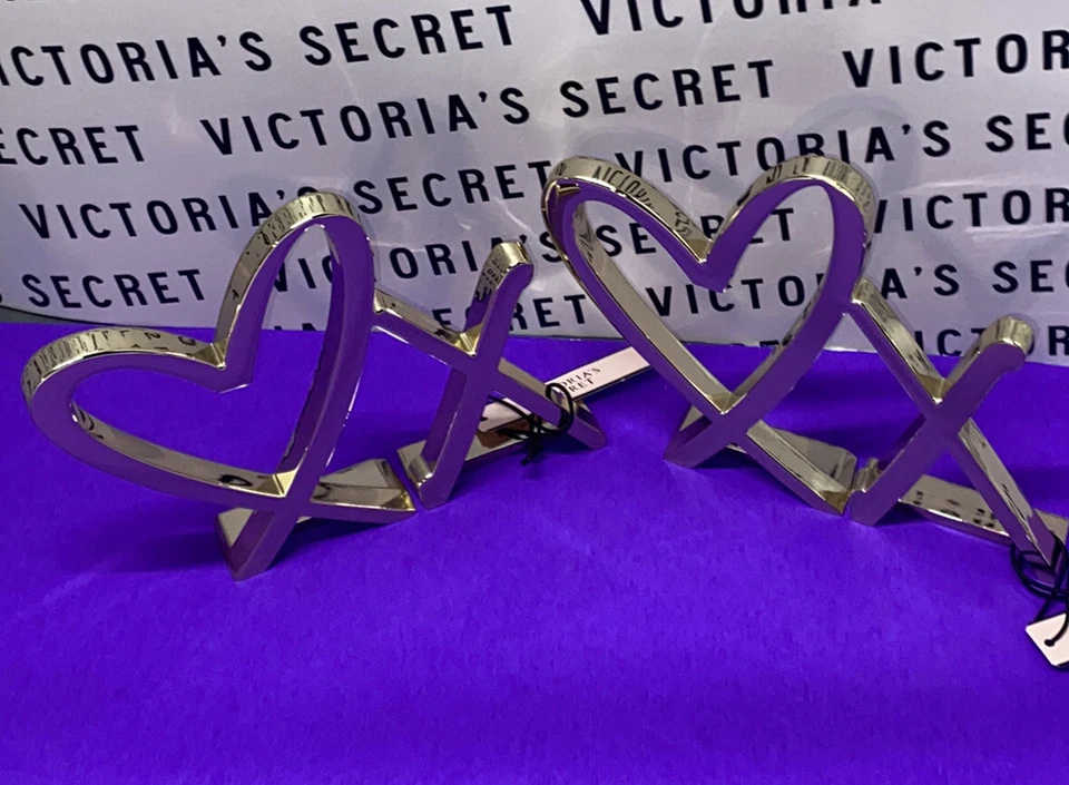Victoria’s Secret VS ORO ICÓNICO CORAZÓN XO SUJETALIBROS Estante Mesa Decoración Juego de 2 piezas RARO Foto 4 de 4