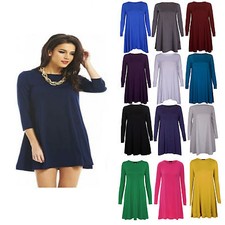 Womens Ladies Long Sleeve Skater Swing Dress Jersey Flared Tea Plain Party Dress