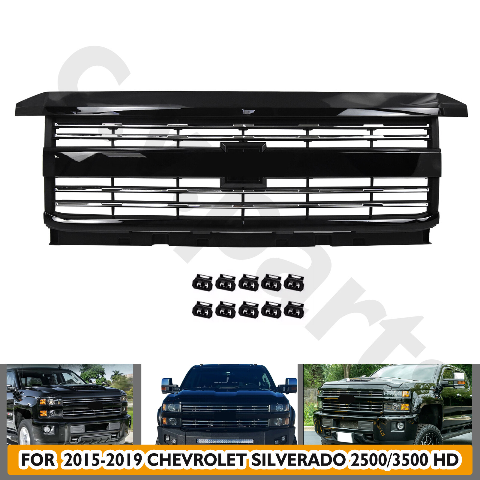 For Silverado 2500 HD 3500HD 2015-2019 Factory Style Grille Gloss Black & Chrome