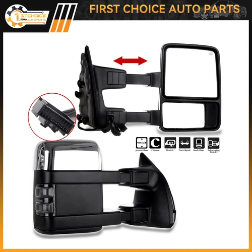 For 08-16 Ford Super Duty Power Heated Turn Signal Tow Chrome Side Mirrors Pair