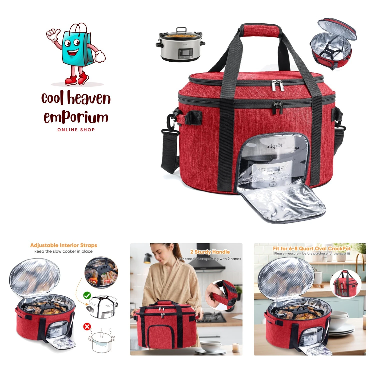Double-Layer Slow Cooker Carrying Bag for 6-8 Quart CrockPot and Hamlton Beac...