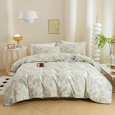 ECOCOTT 3 Pieces Duvet Cover Set with Vintage Green Leaves Pattern 100 Natur...