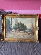 Ölgemälde auf Leinwand Hirsch im Wald signiert 70 X 50 cm