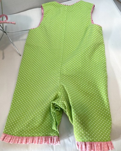 Vtg Peaches & Cream Girl's 18 Mo Romper & Hat-Green/White Polka Dot w/Applique - Picture 3 of 6