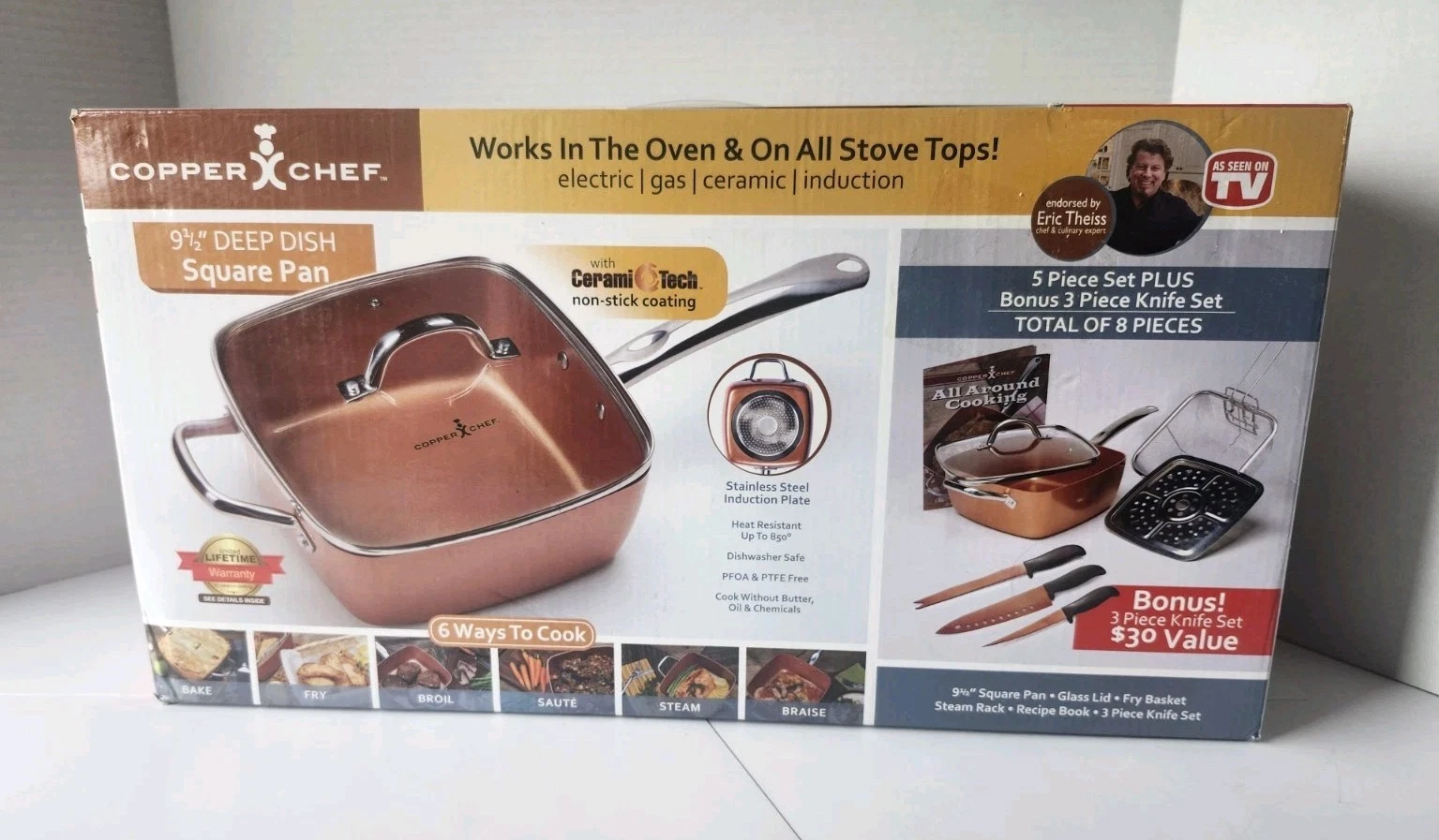 Copper Chef 9.5-inch Deep Dish Square Pan 5 Piece Set With 3-piece Knife Set New