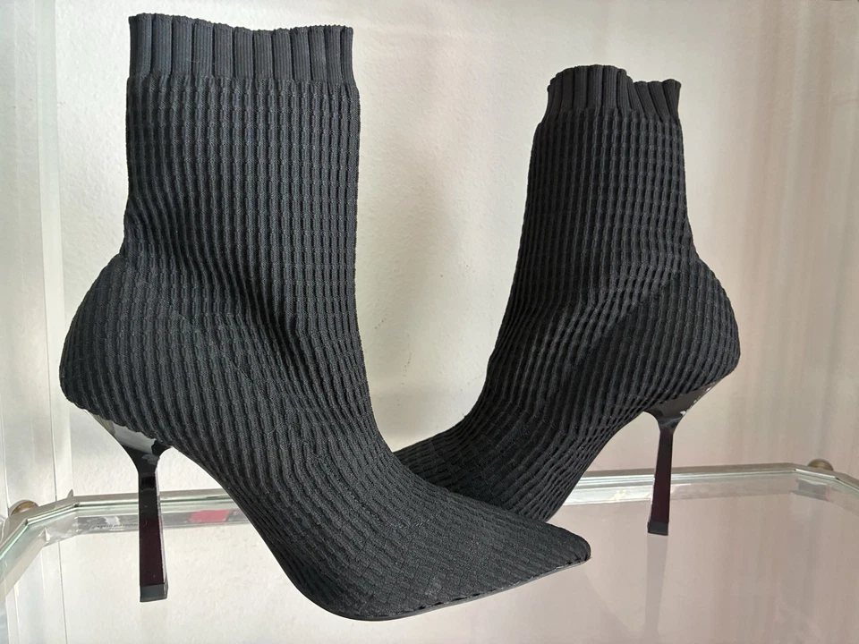 *NUEVO* Zara 37 🖤 Botas Calcetín Tejidas Negras - Punta Punta Tacón Alto Botines Foto 3 de 4