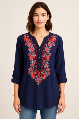 Solitaire Navy Embroidered Boho Peasant Tunic Top Rayon Floral Henley L 