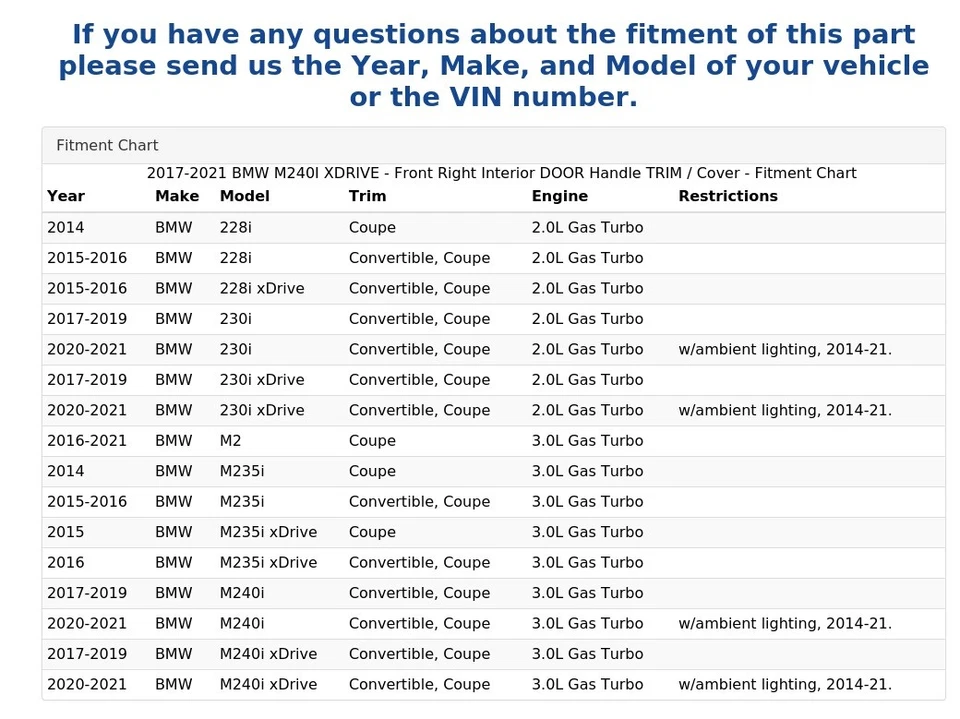 BMW M240I XDRIVE 2017-2021 - Manija de puerta interior delantera derecha moldura/cubierta Foto 4 de 4
