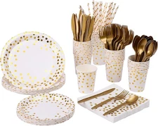 Disposable Gold Dot Party Dinnerware Set for 25: Plates, Napkins, Cups, Silve...