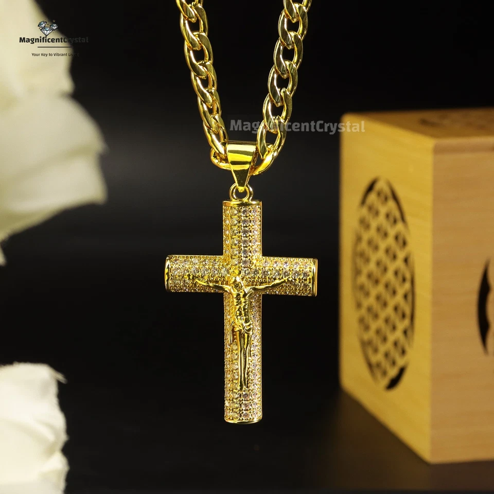 Collar Colgante Cruz para Hombre Chapado en Oro 14K Cadena Eslabón Cubano Joyería Regalo Foto 3 de 4