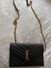 Saint Laurent Black Chevron Quilted Leather YSL Logo Gold Chain Crossbody Bag