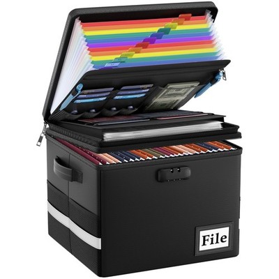 ENGPOW Fireproof Document Box with Locks and Accordion File Folder,Black