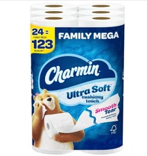 Charmin Ultra Soft Cushiony Touch Toilet Paper,24 Family Mega Rolls=123 Regular