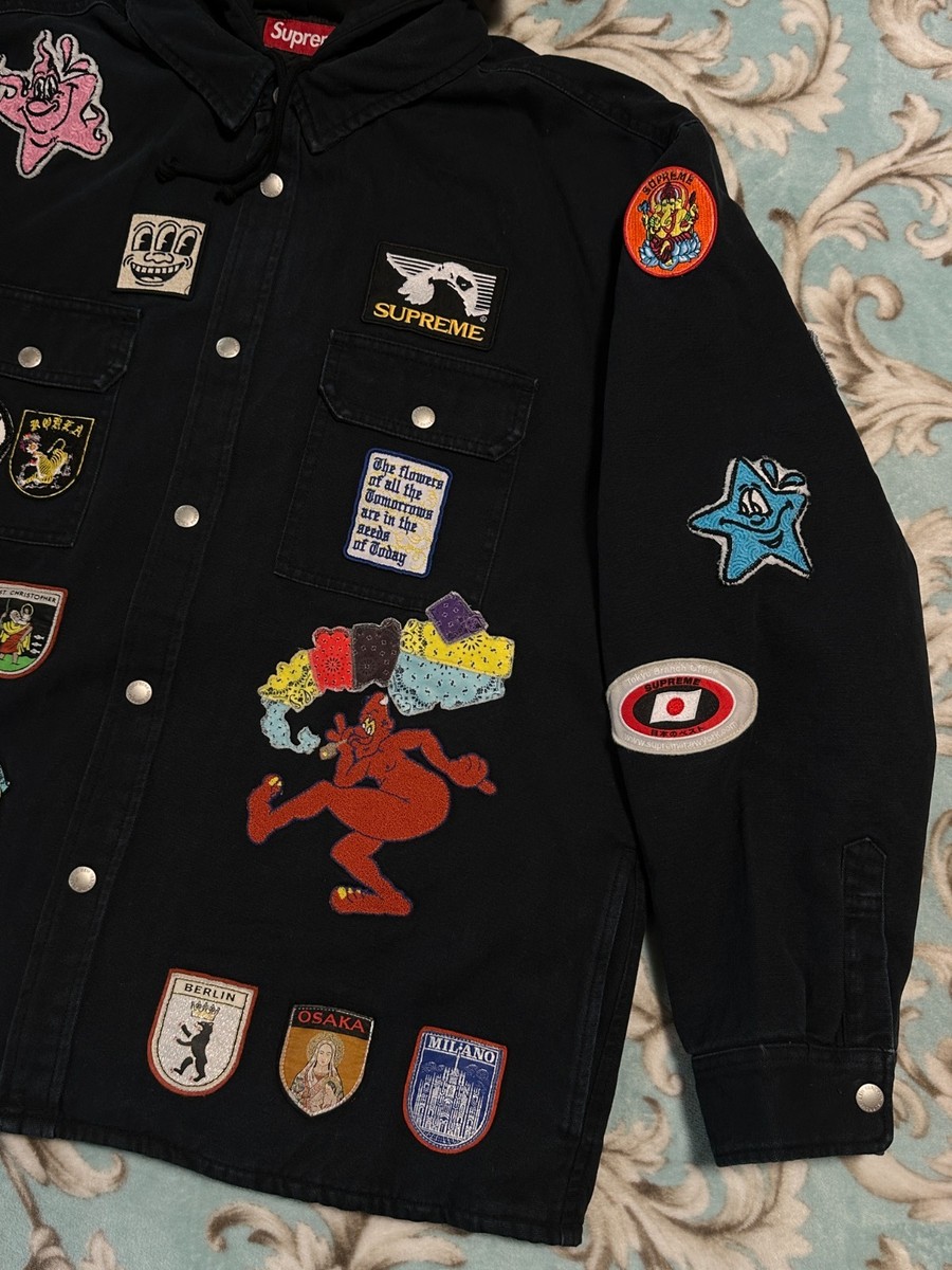 SUPREME PATCHES HOODED ZIP UP SHIRT (LARGE) (BLACK) SS25 PATCHES 6