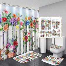 4Pcs Floral Shower Curtain Set with Rugs Bathroom Sets Farmhouse Shower Curta...