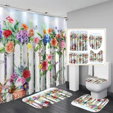 4Pcs Floral Shower Curtain Set with Rugs Bathroom Sets Farmhouse Shower Curta...