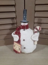 Handmade Primitive 6-3/4" Winter Christmas Snowman with Candy Cane & Sign