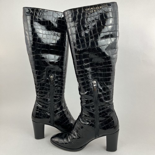 Hobbs Black Croc Leather Zip Pull On Heeled Dress Knee High Boots Size EU38 UK5 - Picture 9 of 15