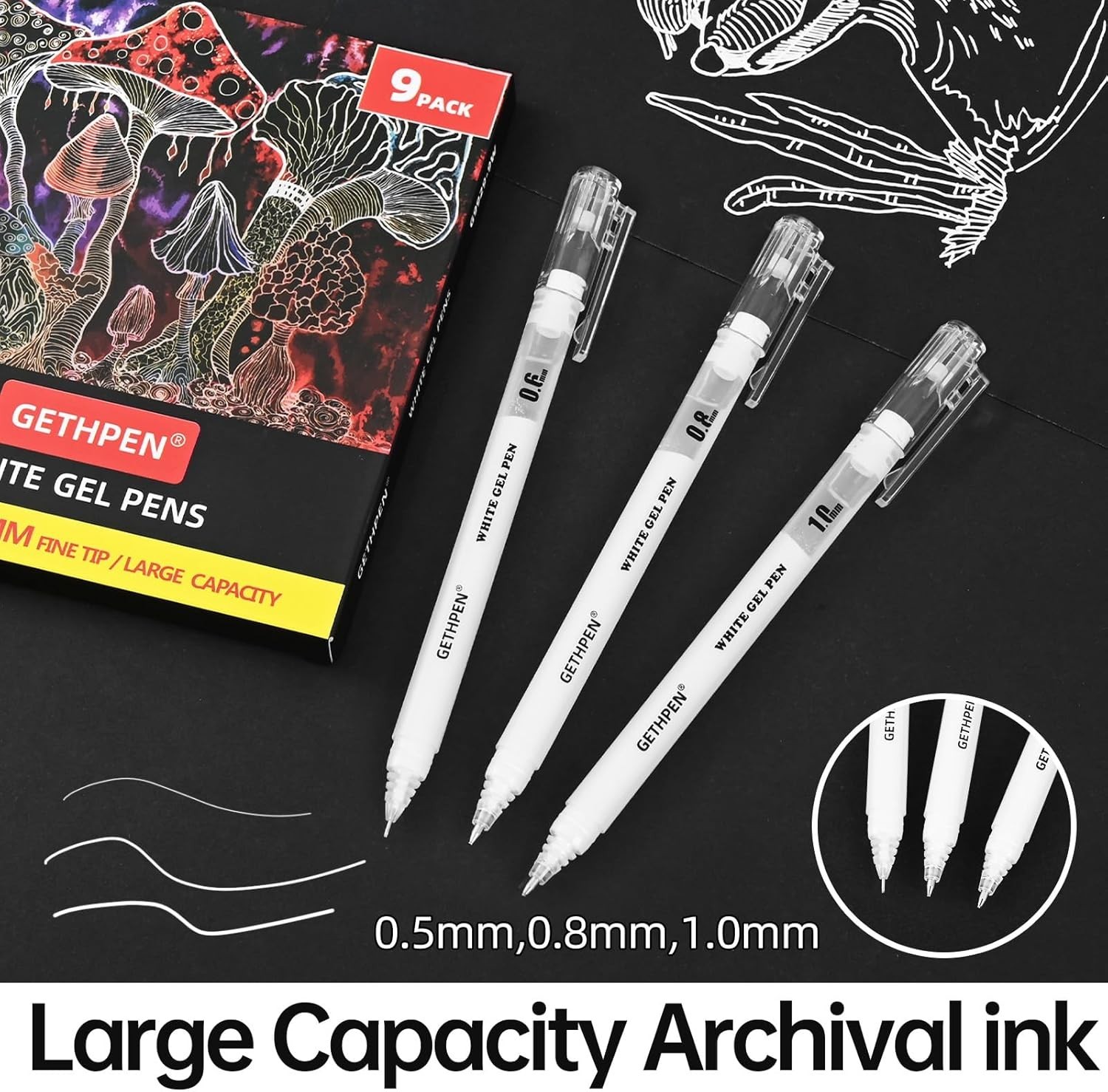 White Gel Pens 9 Pack, 0.5/0.8/1.0mm Tips Opaque Ink for Journaling & Art
