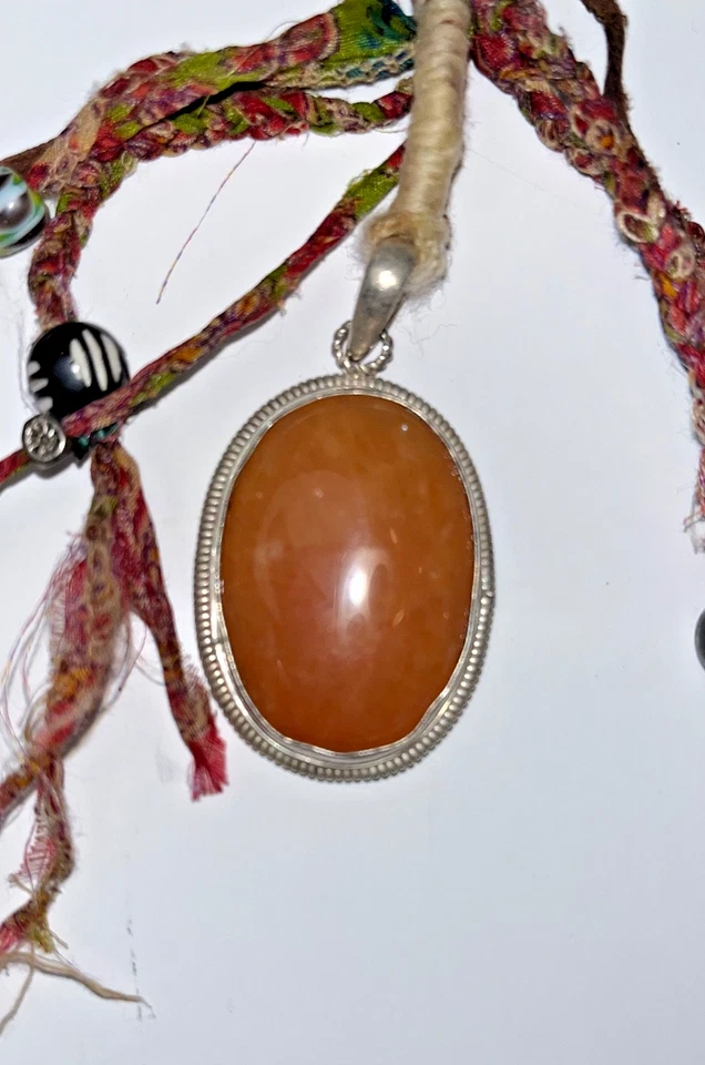 Orange SUNSTONE 925 Sterling Silver Pendant Long Sari Silk Boho Tribal Necklace - Image 3 of 4
