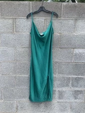 J for Justify Slip Dress Y2K Green Satin Floral Draped Cowl Neck Slit Size Large