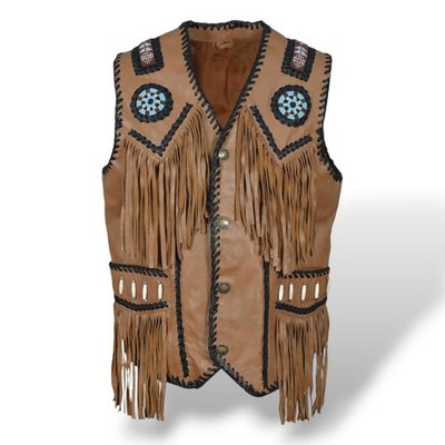 Native American Style Leather Vest Men's Cowboy Fringe Beaded Suede Jacket