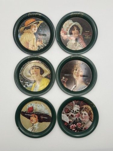 🥤Coca-Cola Vintage Lady Art Coasters Set of 6 Green Rim Collectible Soda Theme
