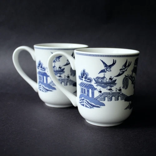 JOHNSON BROS Asian Scene BLUE WILLOW Coffee Cups 2 Mugs England