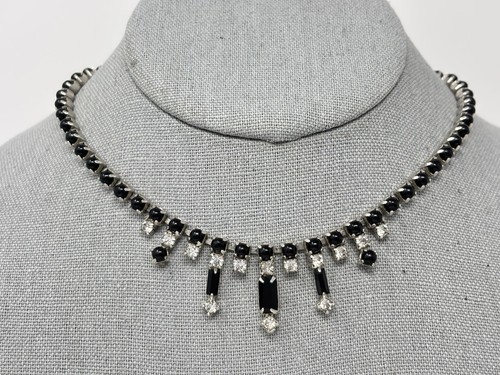 Vintage 50’s Black and Clear Baguette Rhinestone Princess Choker Necklace