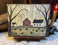 Saltbox Houses, Chickens, Folk Art, Primitive Handcrafted Plaque / Sign