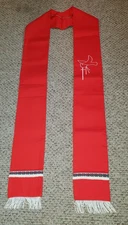OFFICIANT PASTOR CLERGY STOLE HAND MADE RED W/WHITE FRINGE EMBROIDERED DOVE