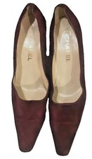 CHANEL Classic Burgundy Suede square Toe Pumps Heel Shoes Size 39.5