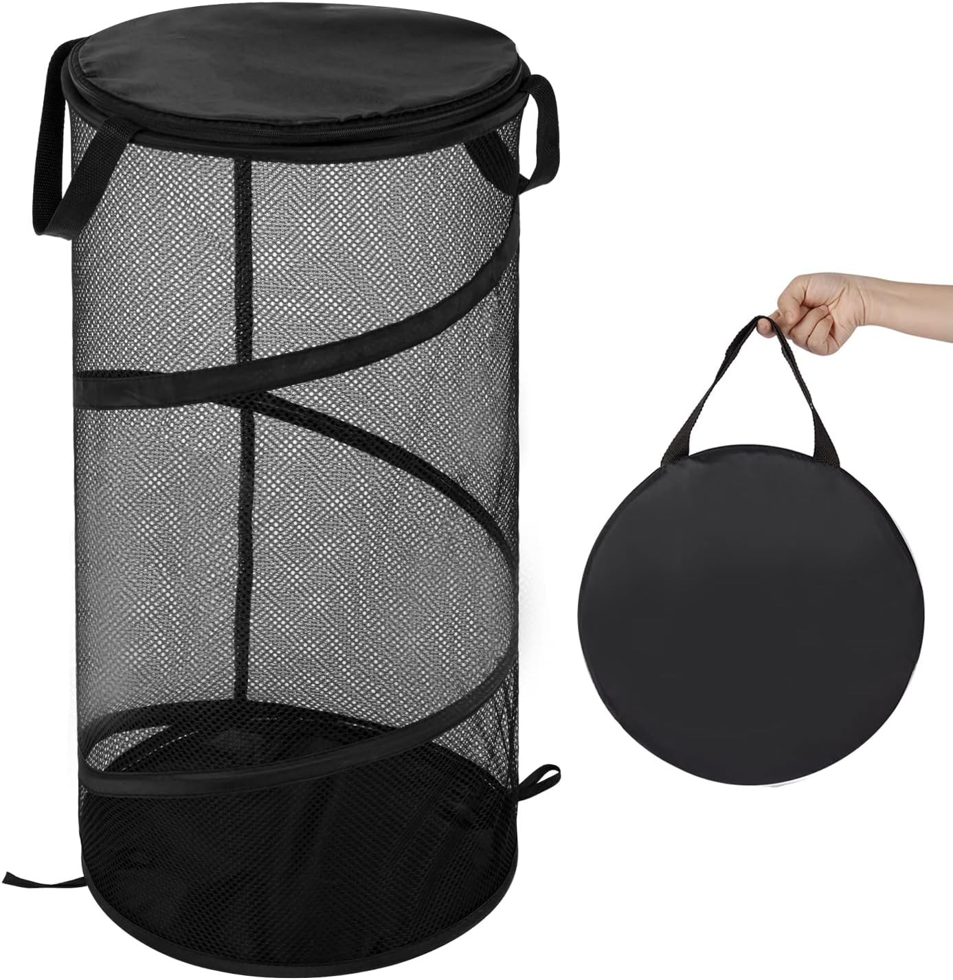 Collapsible Laundry Basket with Lid Foldable Mesh Pop Up Hamper with Handles for