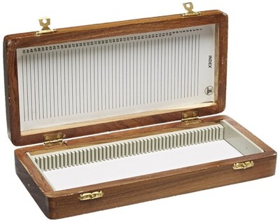 Storage Box for 50 Microscope Slides with Hinged Cover and Index System