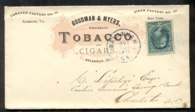 1877, Goodman & Myers Tobacco & Cigars Savannah GA illustrated advertising  cover