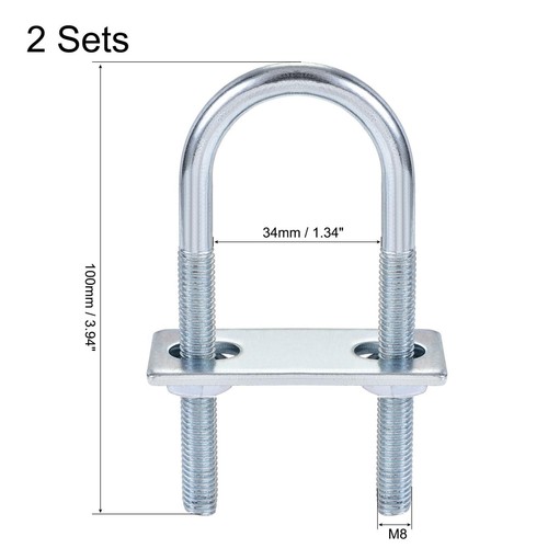 Round U-Bolt 1.34"(34mm) Inner Width 100mm Length Steel M8 with Nut Plate 2 Sets - Picture 2 of 4