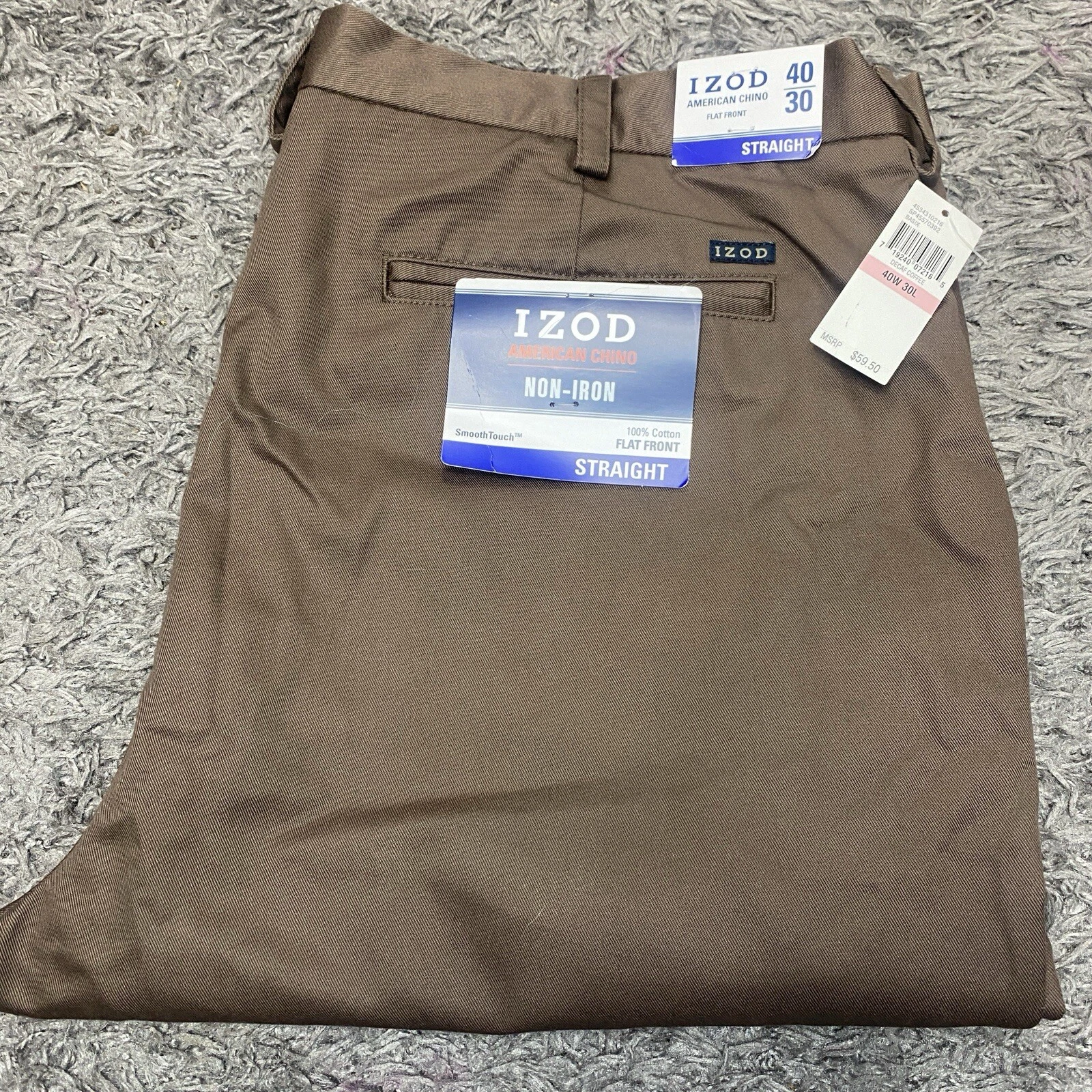 IZOD Dress Pants Mens 40x30 Decaf Coffee Brown Flat Front Str Non-Iron Chino NWT