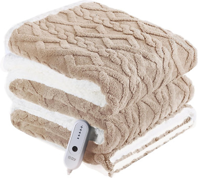 Cozy Twin Size Electric Heated Blanket with 5 Heat Levels & Auto Off, Beige