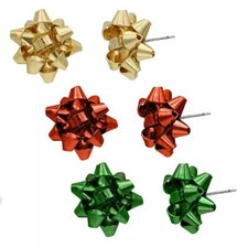 3 Pairs Christmas Bow Pierced Earrings Red Green and Gold Bows NEW