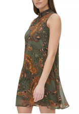 99$ Tommy Hilfiger Paisley Mock-Neck Dress Sleeveless A Line Size 4 Olive Green