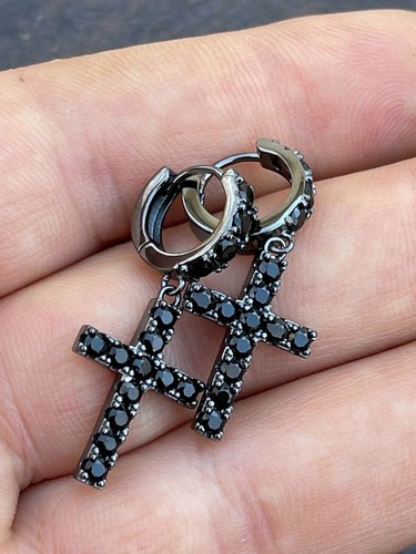 NEW Real Solid 925 Silver Men Ladies Dangle Cross Hoop Earrings Iced Black gifts - Picture 2 of 14