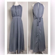 Grade & Gather Slate Blue Pinstripe Halter Neck Side Cutouts Chic Maxi Dress