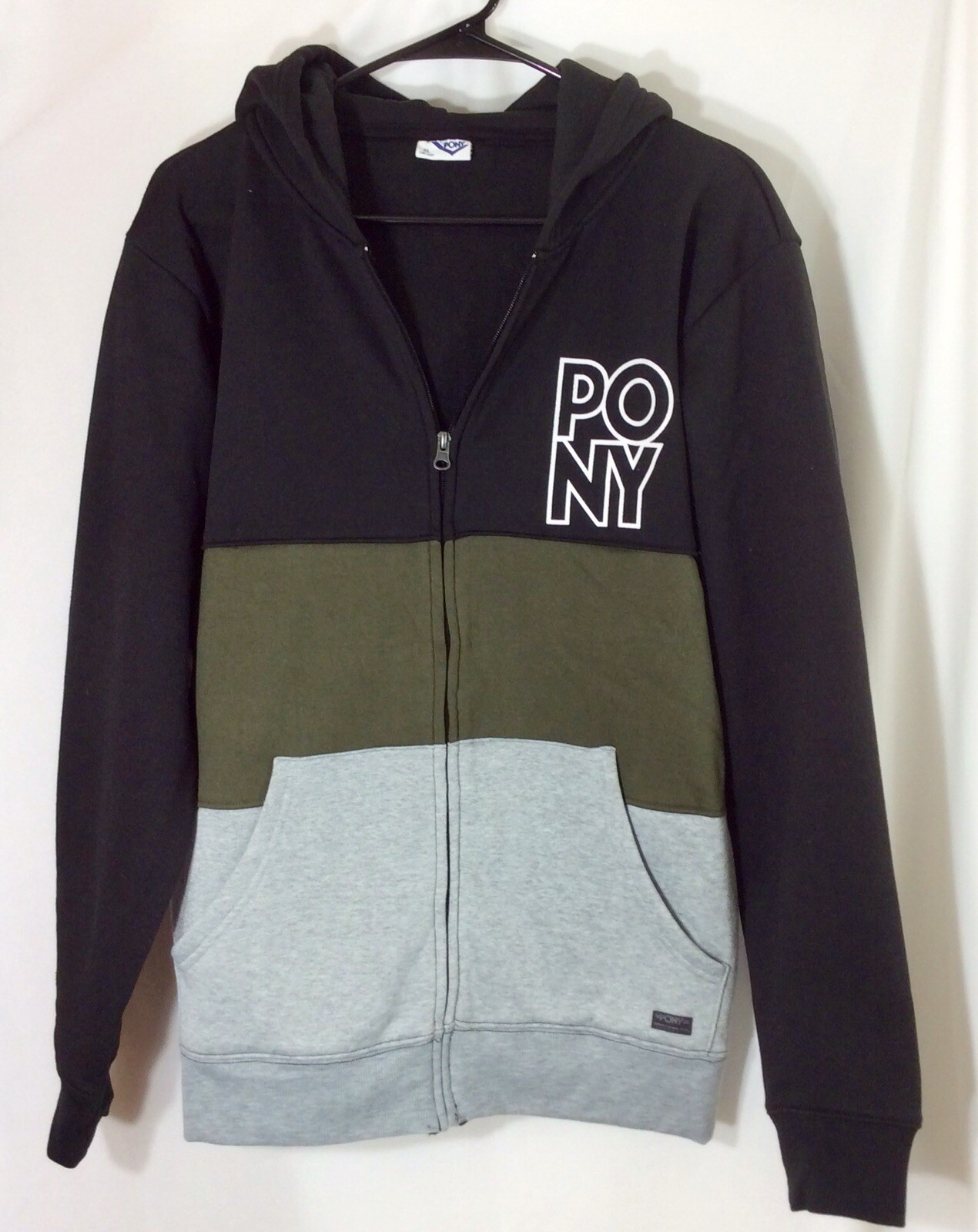 **NUOVO CON ETICHETTE** Felpa con Cappuccio Ragazzo XL (18 20) PONY "Midnight" Nero Grigio Cachi