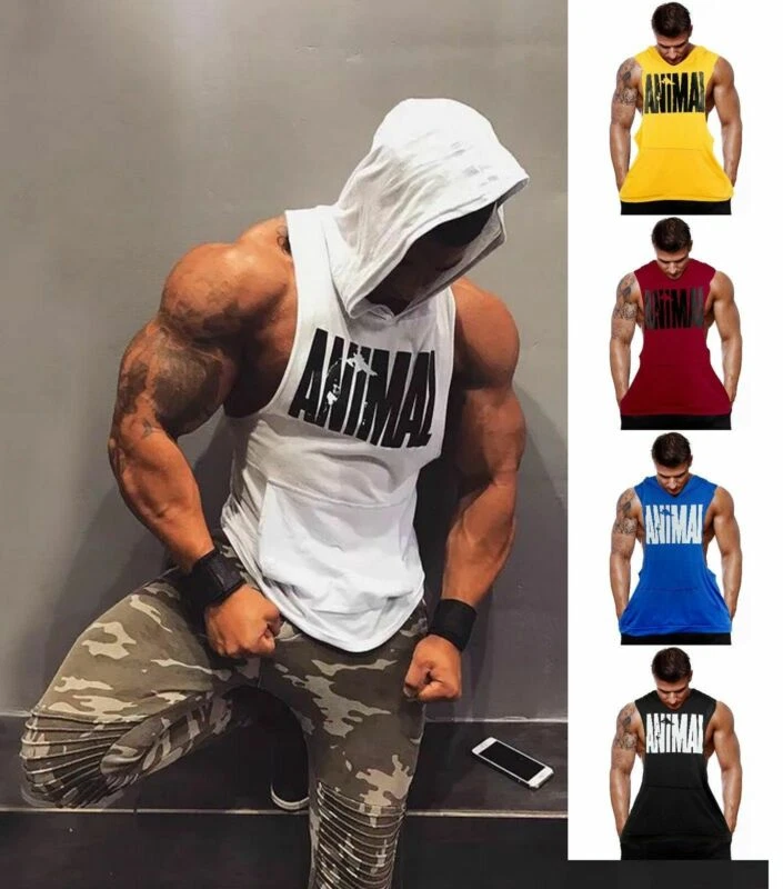 Hot Men Gym Clothing Bodybuilding Stringer Hoodie Tank Top Muscle hooded  Shirt @