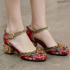 Rhinestone Women's Satins Flower Dress Shoes Block Heel Ankle Strap Chic Vintage