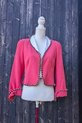 Vintage EDWARD ACHOUR PARIS Cropped Jacket Pink Tweed Chain Velvet Trim France