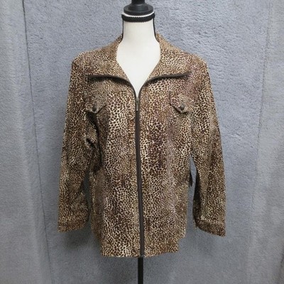 Multiples Leopard Print Zip Front Jacket Womens XL Brown Cotton Stretch Safari