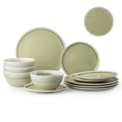 Dafuceramic Plates and Bowls Sets, 12 Pieces Grass Green Dinnerware Sets for Kit