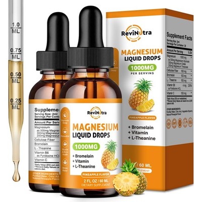 Magnesium Glycinate Liquid Drops 1000mg 2 Pack 2 Fl Oz Pineapple Flavor