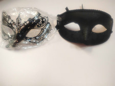 2pc Venetian Masquerade Eye Mask Set Black Filigree & Solid Adjustable